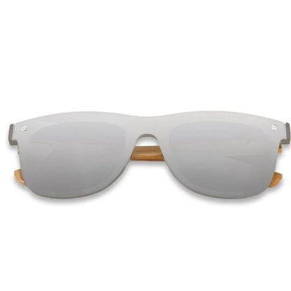 A pair of Eyewood Tomorrow - Perseus wooden sunglasses with polarized UV400 lenses, silver mirror lenses, and high-quality stainless steel hinges. Handmade with a unique combination of plastic and rosewood, these sunglasses offer a natural feeling of comfort and design. Comes with an exclusive empress tree case, microfiber pouch, and polishing cloth.